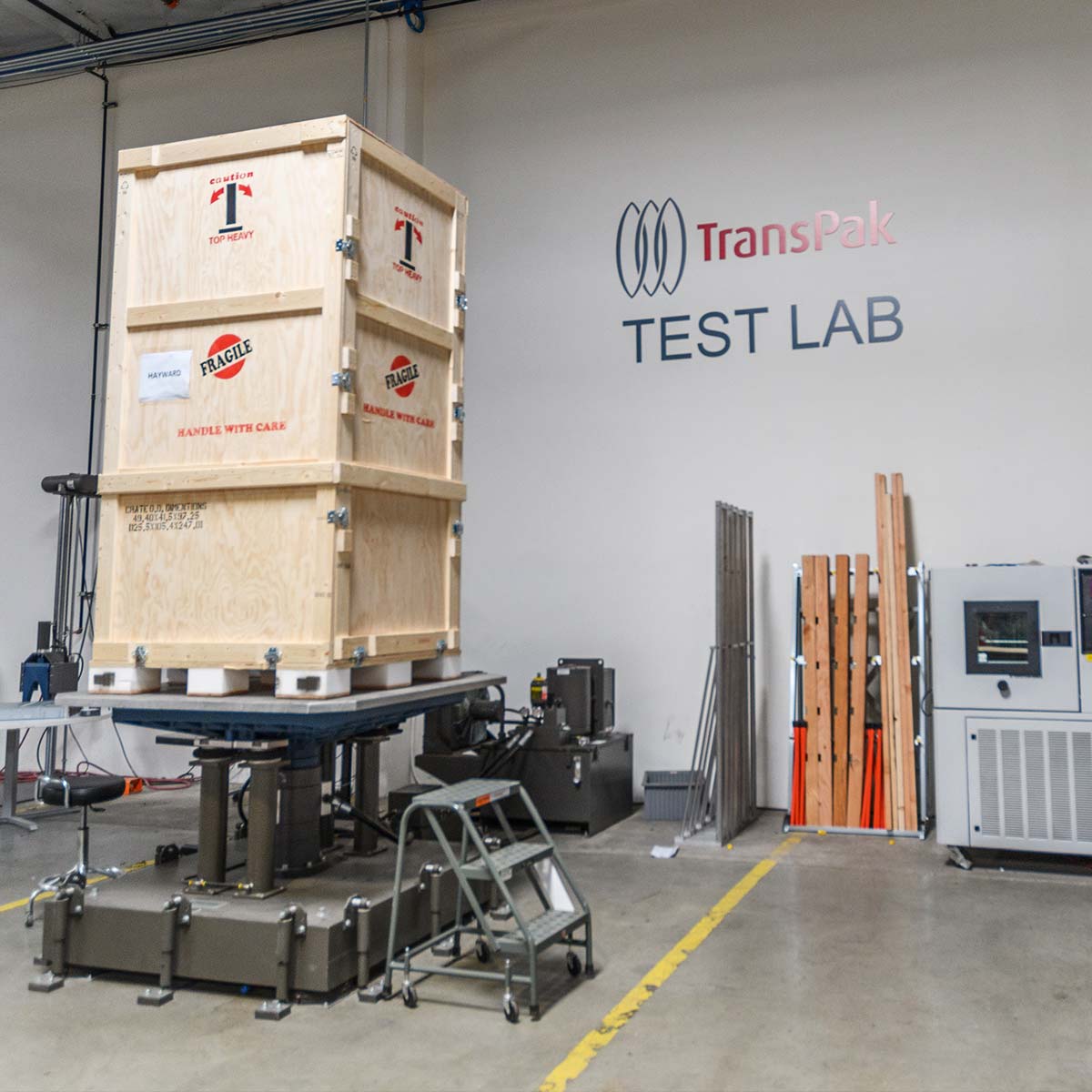 fragile crate being tested in TransPak test lab