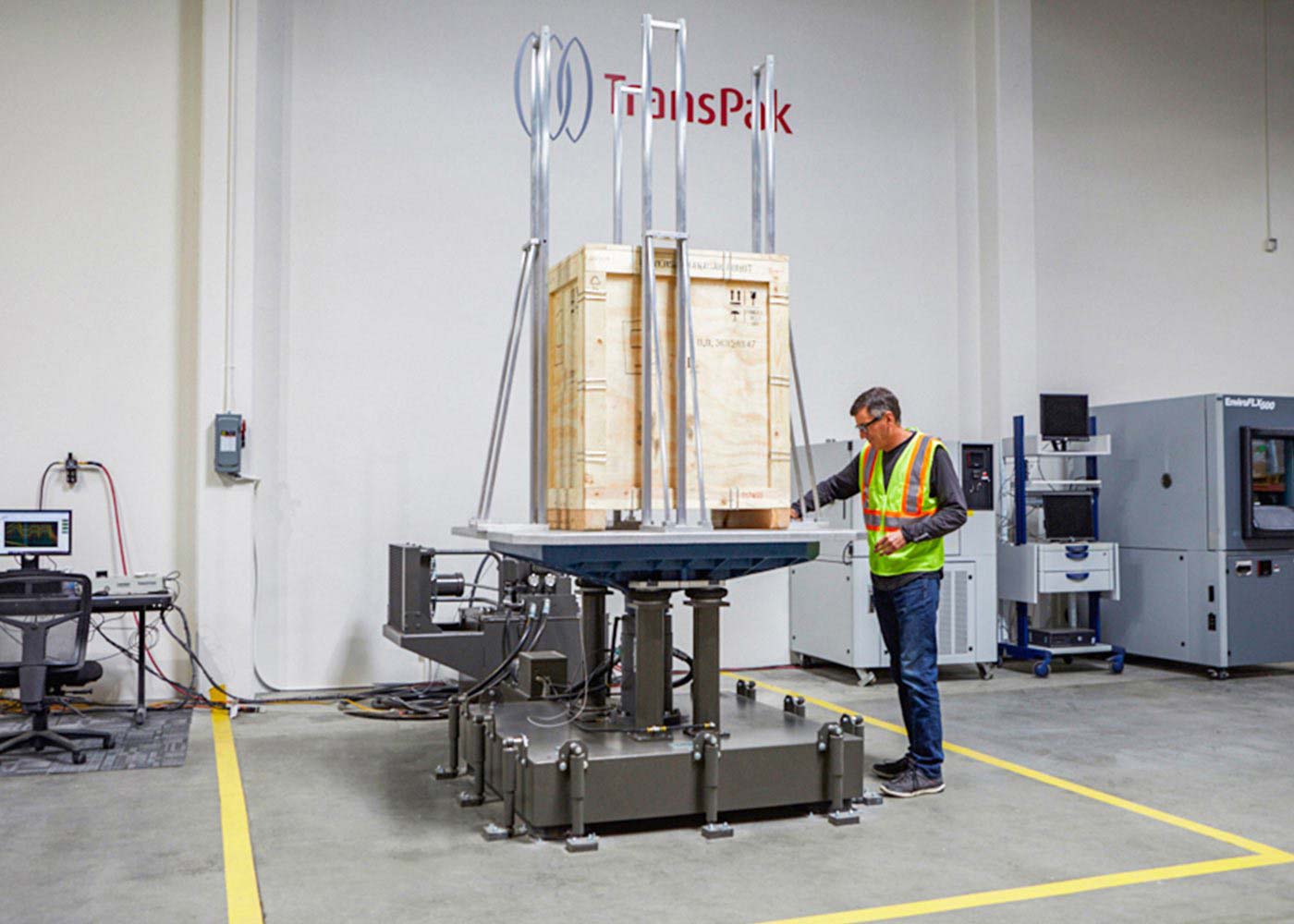 fragile crate being tested in TransPak test lab